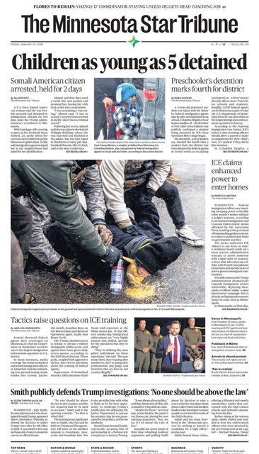 Today’s Front Page Of The Minnesota Star Tribune: Friday Jan. 23, 2026