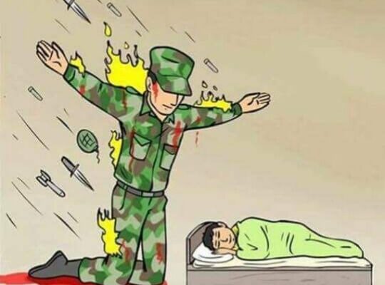 Soldier protecting sleeping child