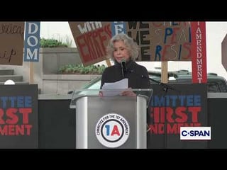 Jane Fonda speaks at a protest against President Trump’s takeover of the Kennedy Center, which…