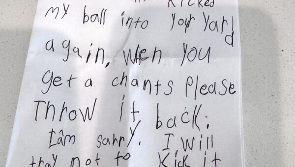 Their neighbor’s 6-year-old kid left this on the door