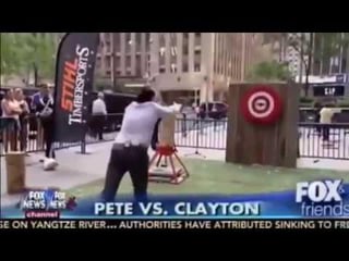 Pete Hegseth tries to throw an axe, goes as well as you expect