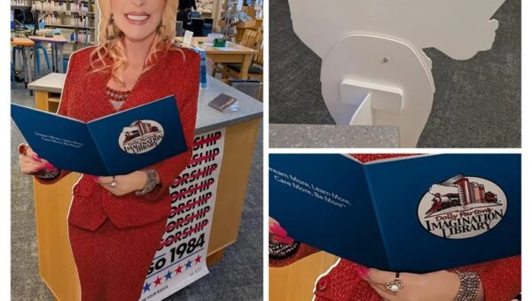 This two-piece Dolly Parton cutout uses the screw that holds the two pieces together as her ring