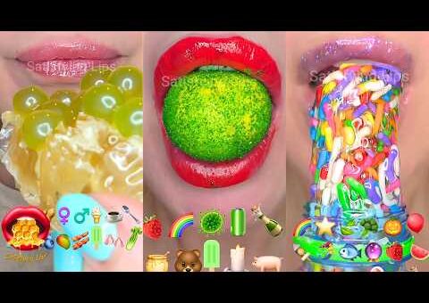 ASMR Satisfying Eating Emoji Food Challenge Wax Candy Frozen Honey Fondant Compilation