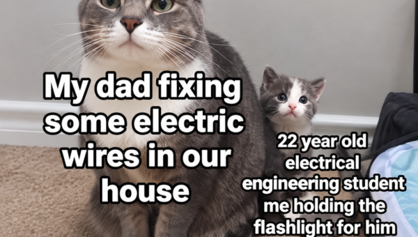 My dad fixing the wires while I provide my expert electrical engineering support